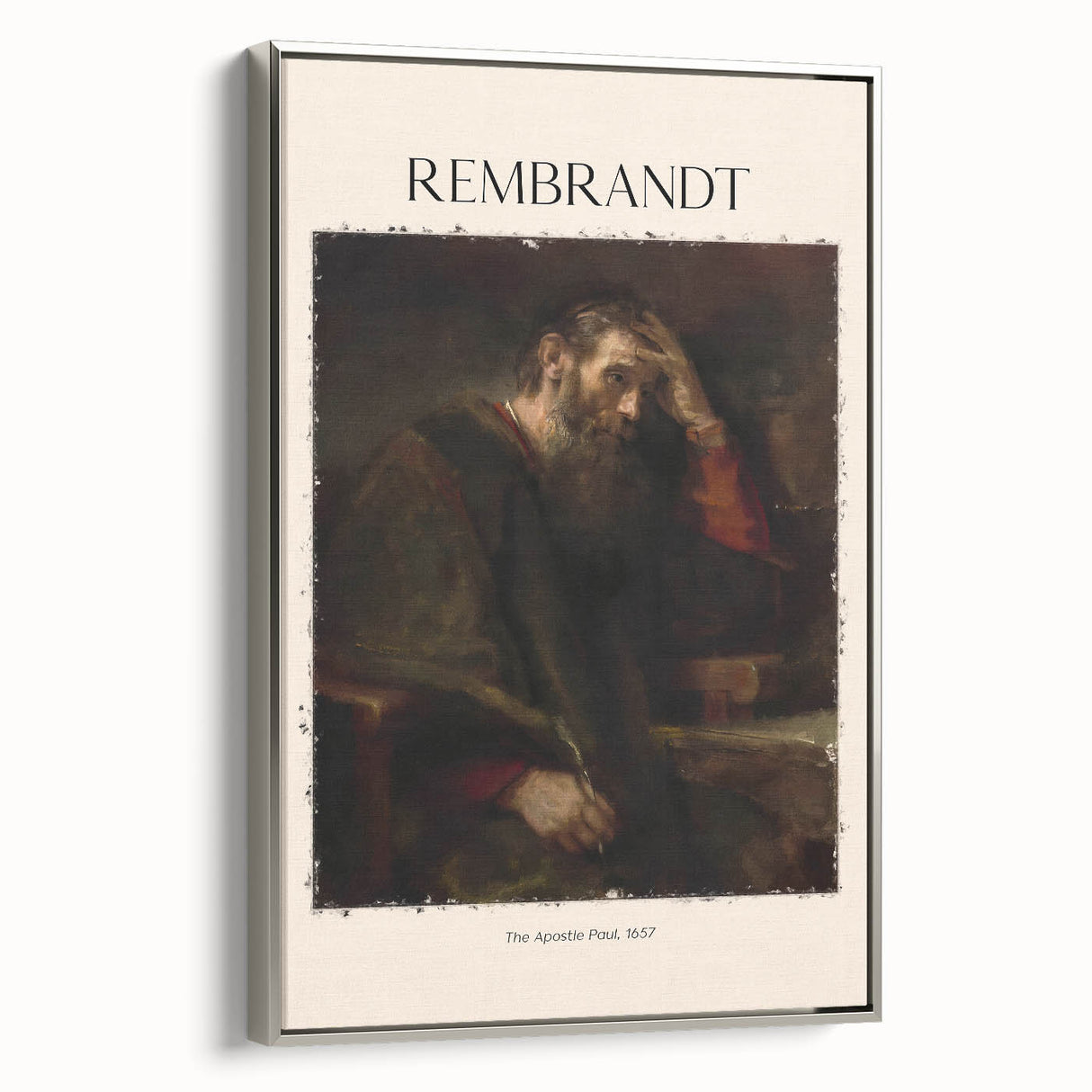 Vintage poster art of Rembrandt in muted colors on a silver-framed canvas, suitable for living room decor.