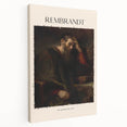 Side view of a Rembrandt-inspired stretched canvas featuring muted earth tones, ideal for kitchen wall art.