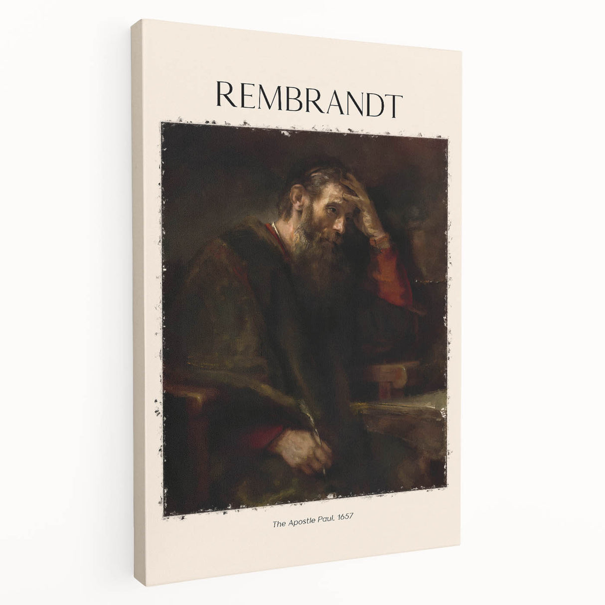 Side view of a Rembrandt-inspired stretched canvas featuring muted earth tones, ideal for kitchen wall art.