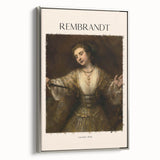 Vintage poster art of Rembrandt in muted black and silver tones on a framed canvas, ideal for living room decor.