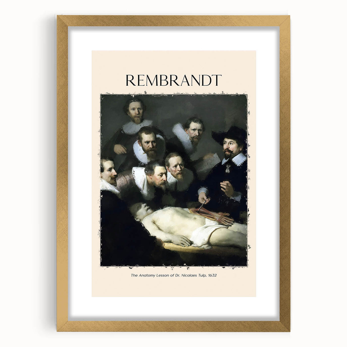 Textured abstract art print of Rembrandt-inspired design in gold frame, suitable for bedroom art.