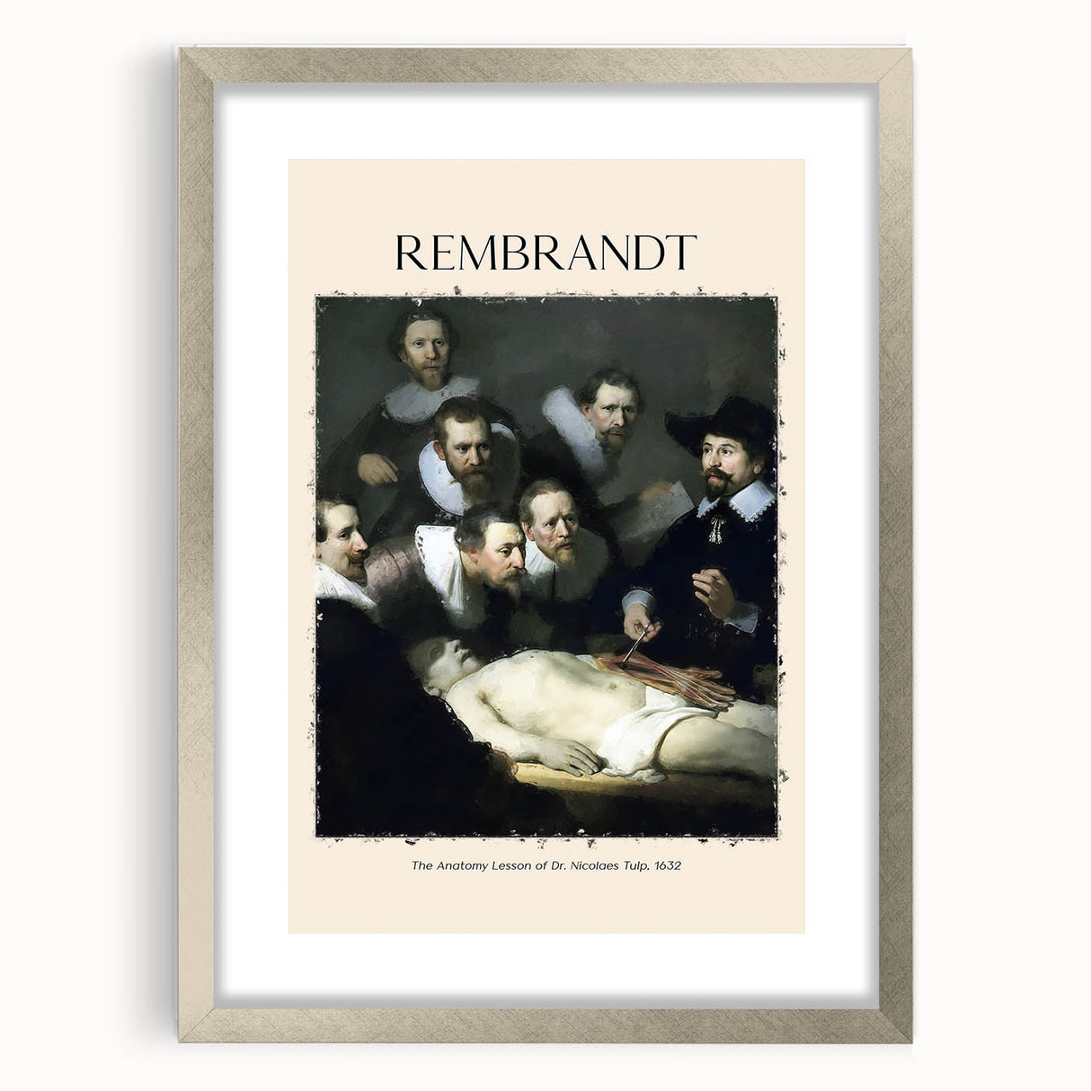Abstract art print of Rembrandt-inspired design in silver frame, featuring muted earth tones.