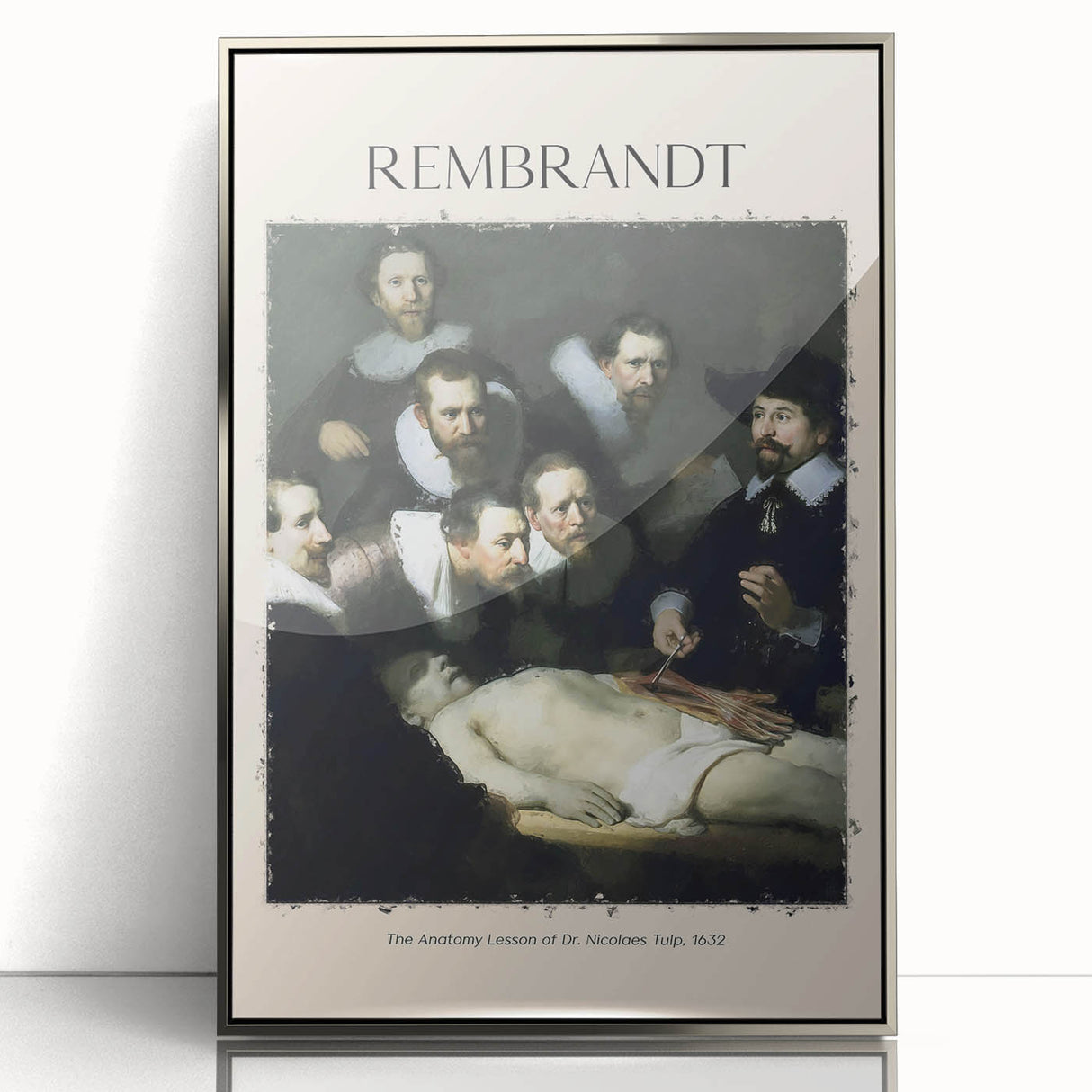 Art deco poster of a Rembrandt-inspired portrait in muted tones on a silver-framed acrylic.
