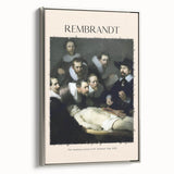 Vintage poster art of Rembrandt in muted black and silver hues on a framed canvas.