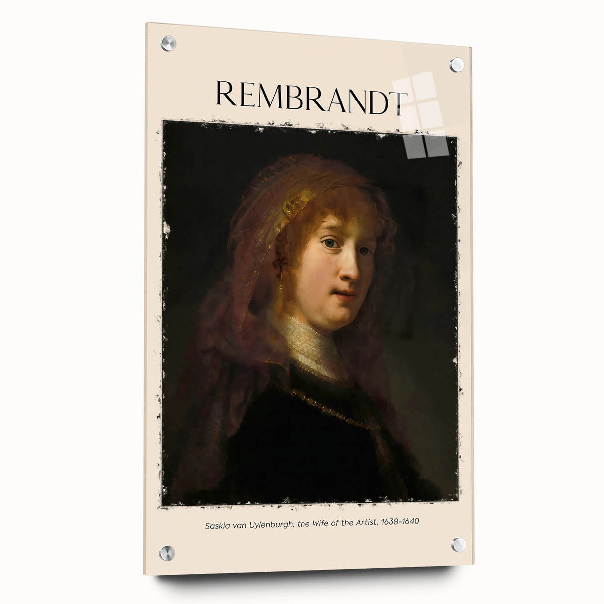 Acrylic print of Rembrandt-inspired artwork featuring dark, earthy tones, ideal for dining room decor.
