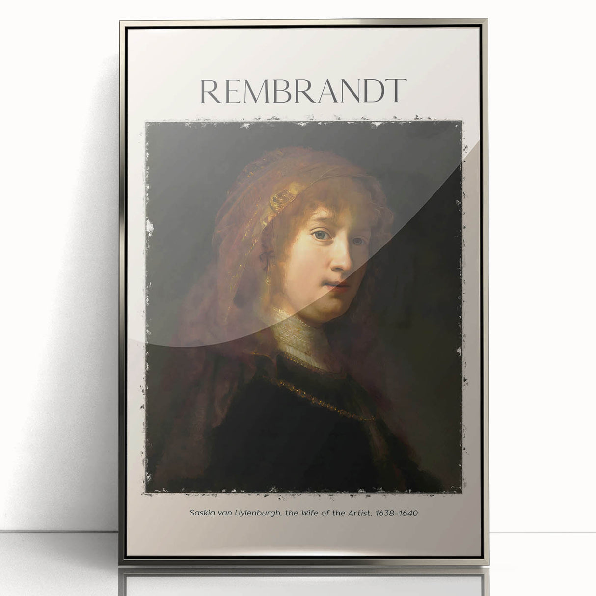 Art deco poster of a Rembrandt-inspired design in muted earth tones, framed in silver acrylic.