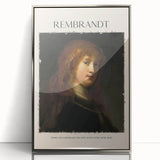 Art deco poster of a Rembrandt-inspired design in muted earth tones, framed in silver acrylic.