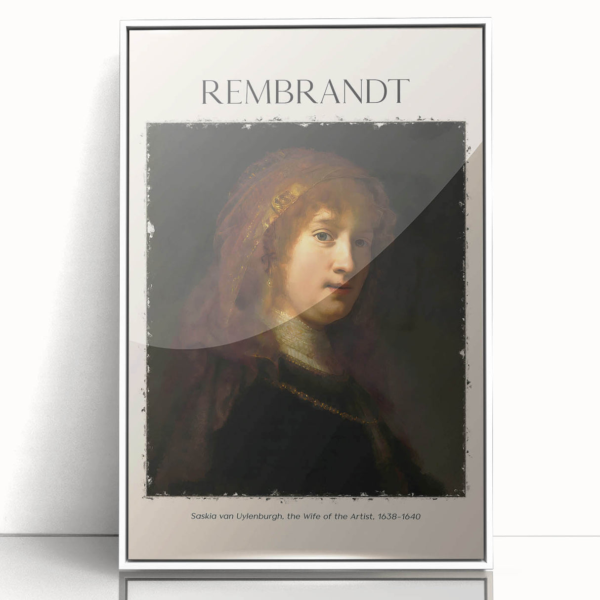 Mid-century modernist art of a Rembrandt design in muted earth tones, framed in white acrylic, suitable for nursery wall art.
