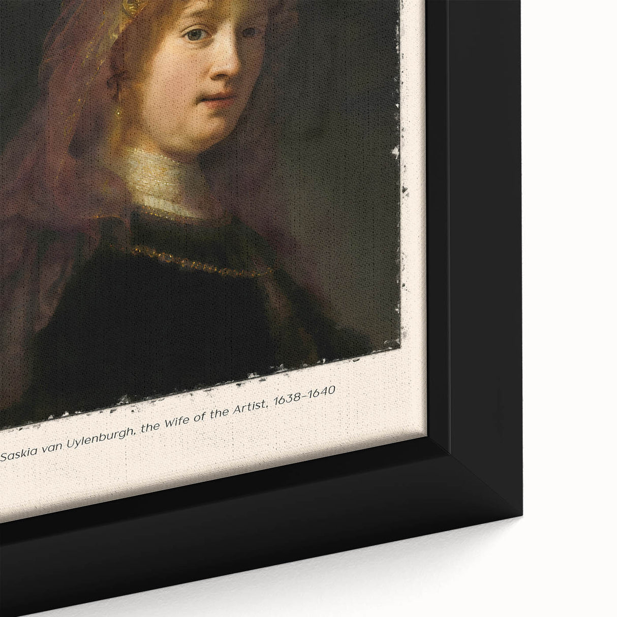 Close-up of extra large framed canvas featuring a black textured depiction of Rembrandt's design, with colorful accents.