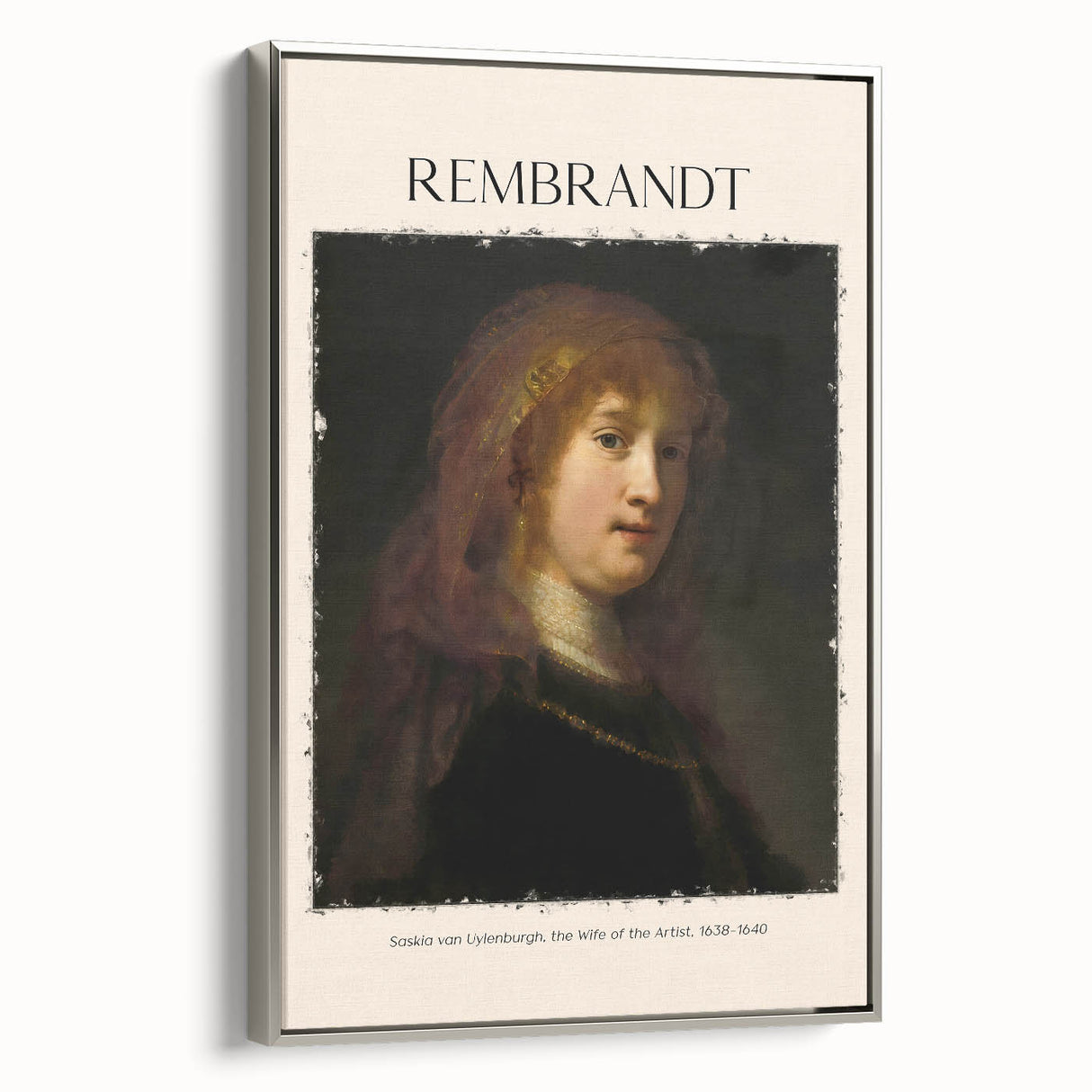 Silver-framed canvas of vintage poster art featuring Rembrandt, in muted black and colorful tones.