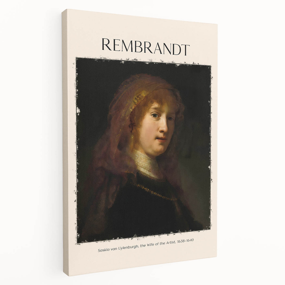 Rembrandt-inspired portrait in muted earth tones on stretched canvas, ideal for kitchen wall art.