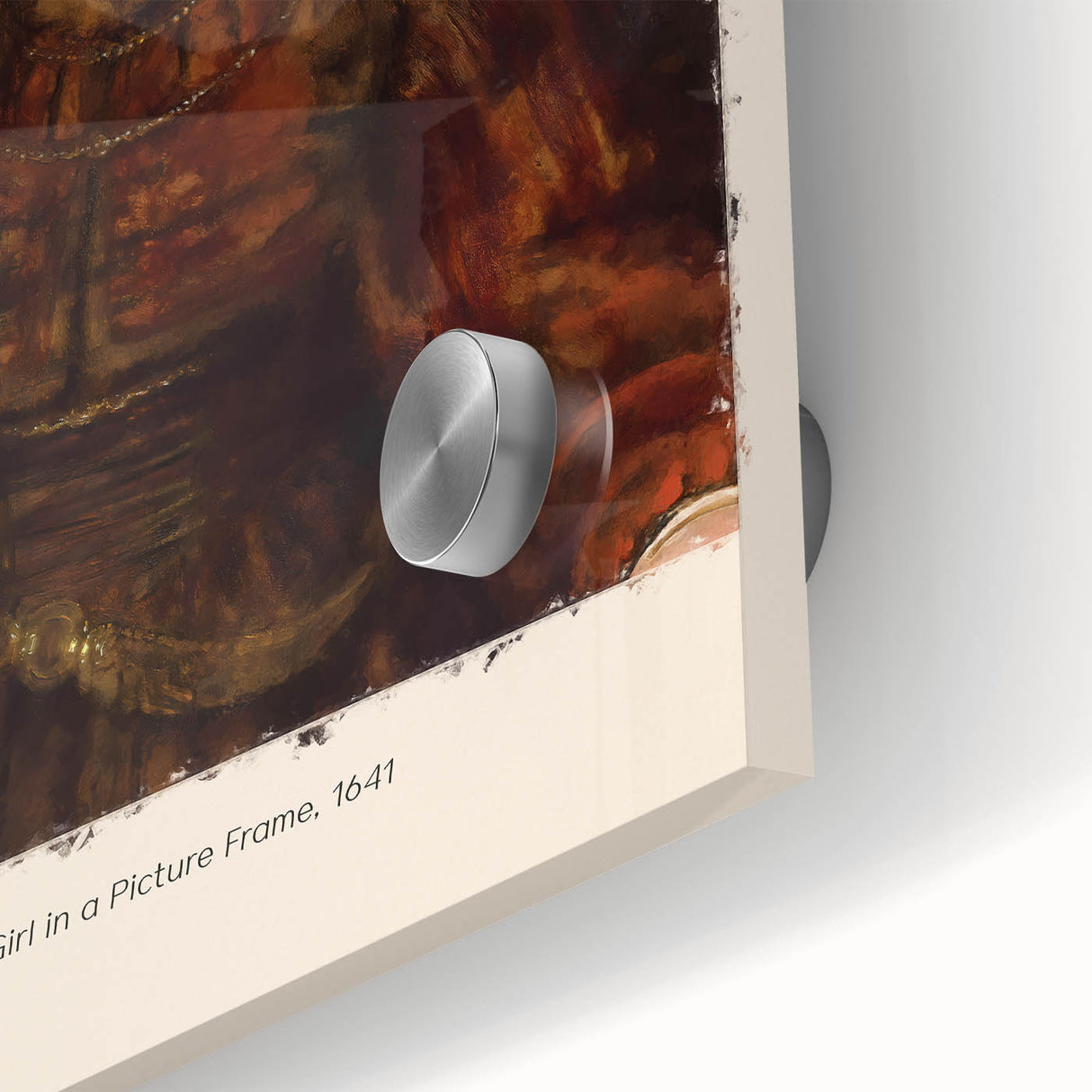 Close-up of a mid-century modernist acrylic print featuring abstract shapes in earth tones, ideal for dining room art.