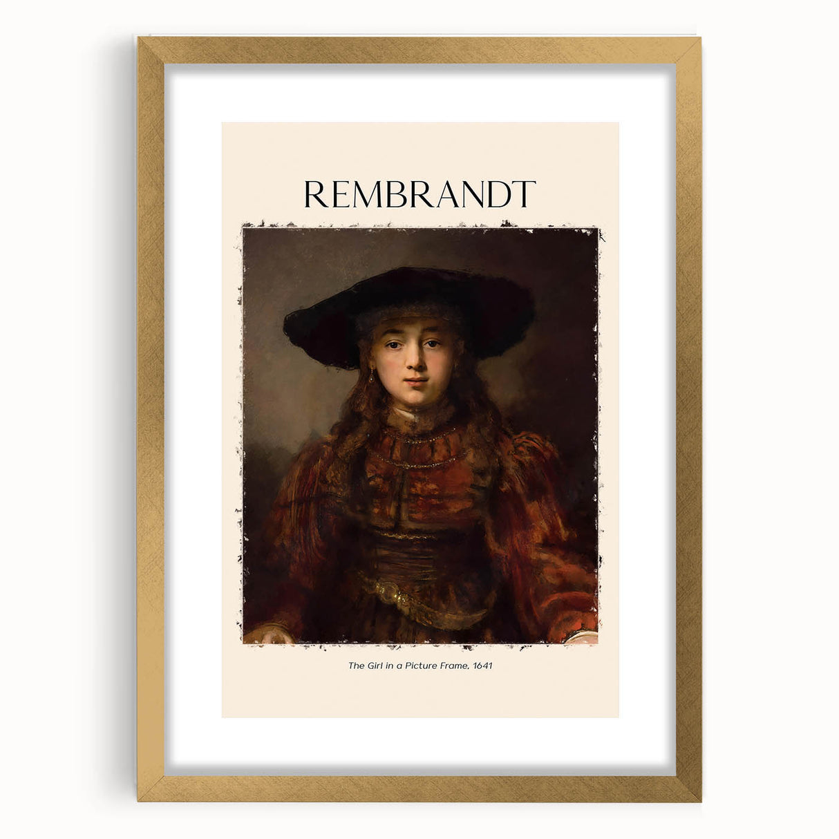 Textured abstract art print depicting Rembrandt-inspired design in earth tones, framed in gold, ideal for bedroom art.