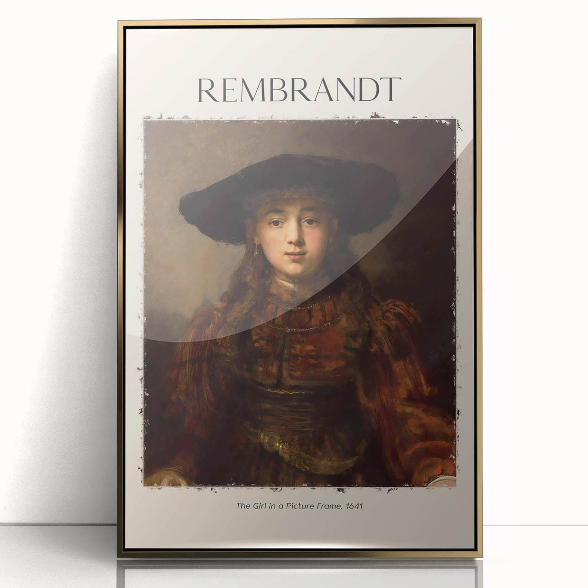Mid-century modernist art, acrylic print of a Rembrandt design in gold frame, suited for nursery wall art.