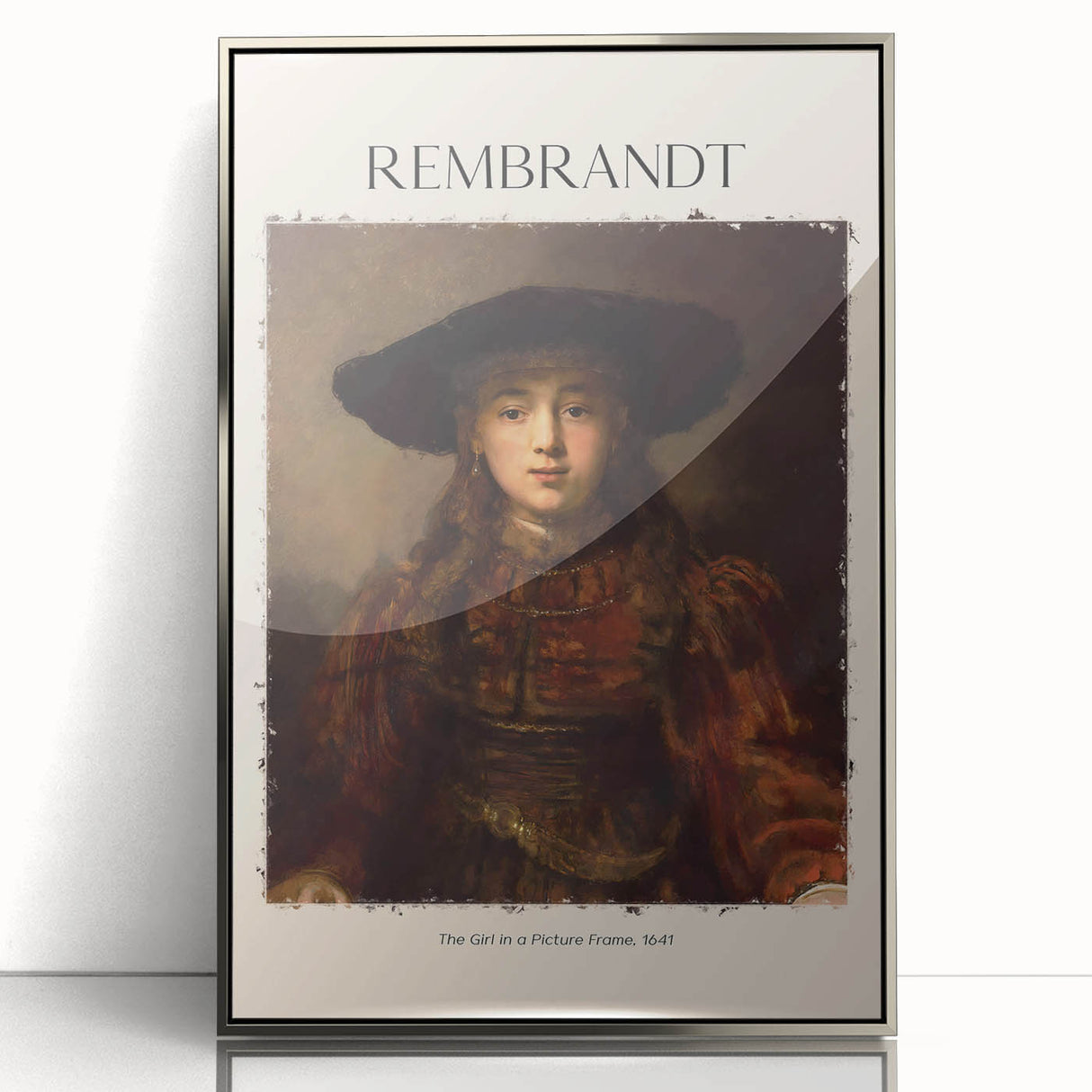 Art deco poster featuring a silver-framed acrylic print of early masters, with muted tones, ideal for nursery wall art.