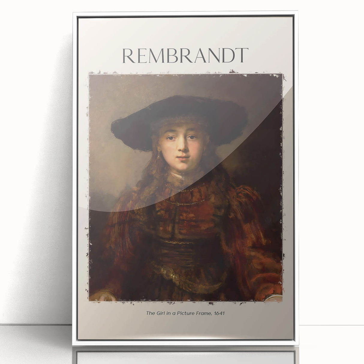 Large art print of a Rembrandt-inspired portrait in muted earth tones, framed in white acrylic.