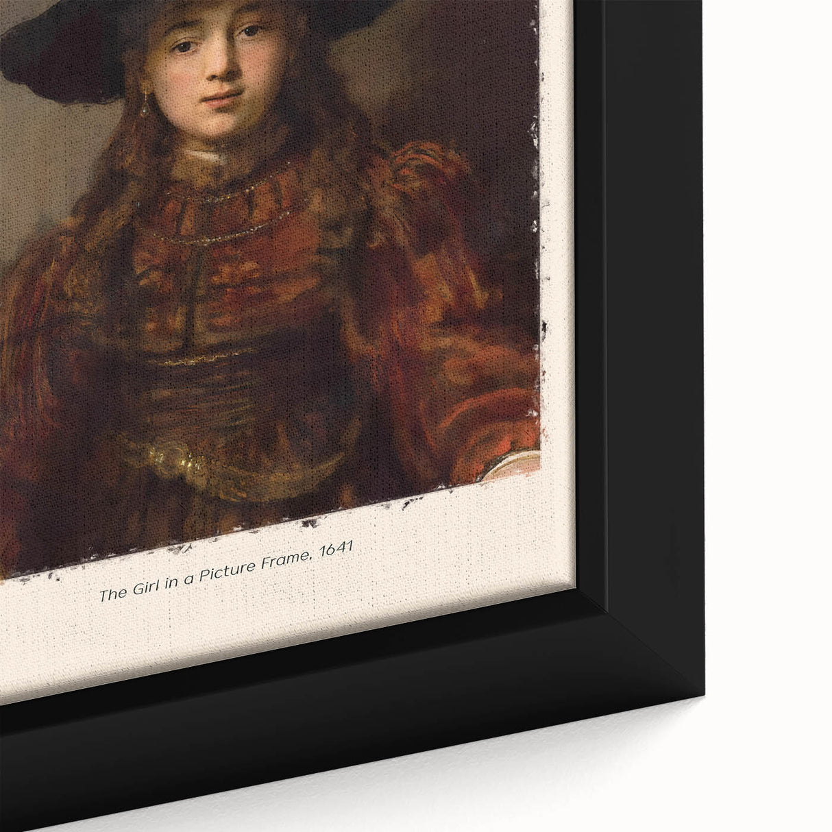 Black wall art featuring a close-up of a Rembrandt design on a framed canvas, with a textured finish.