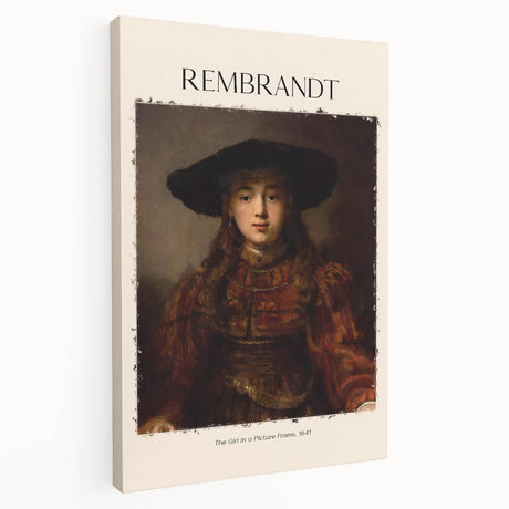 Side view of a stretched canvas featuring a Rembrandt-inspired portrait in earthy tones, ideal for kitchen wall art.