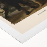 Art deco poster featuring an early masters-inspired portrait in muted gold and black tones on rolled canvas.