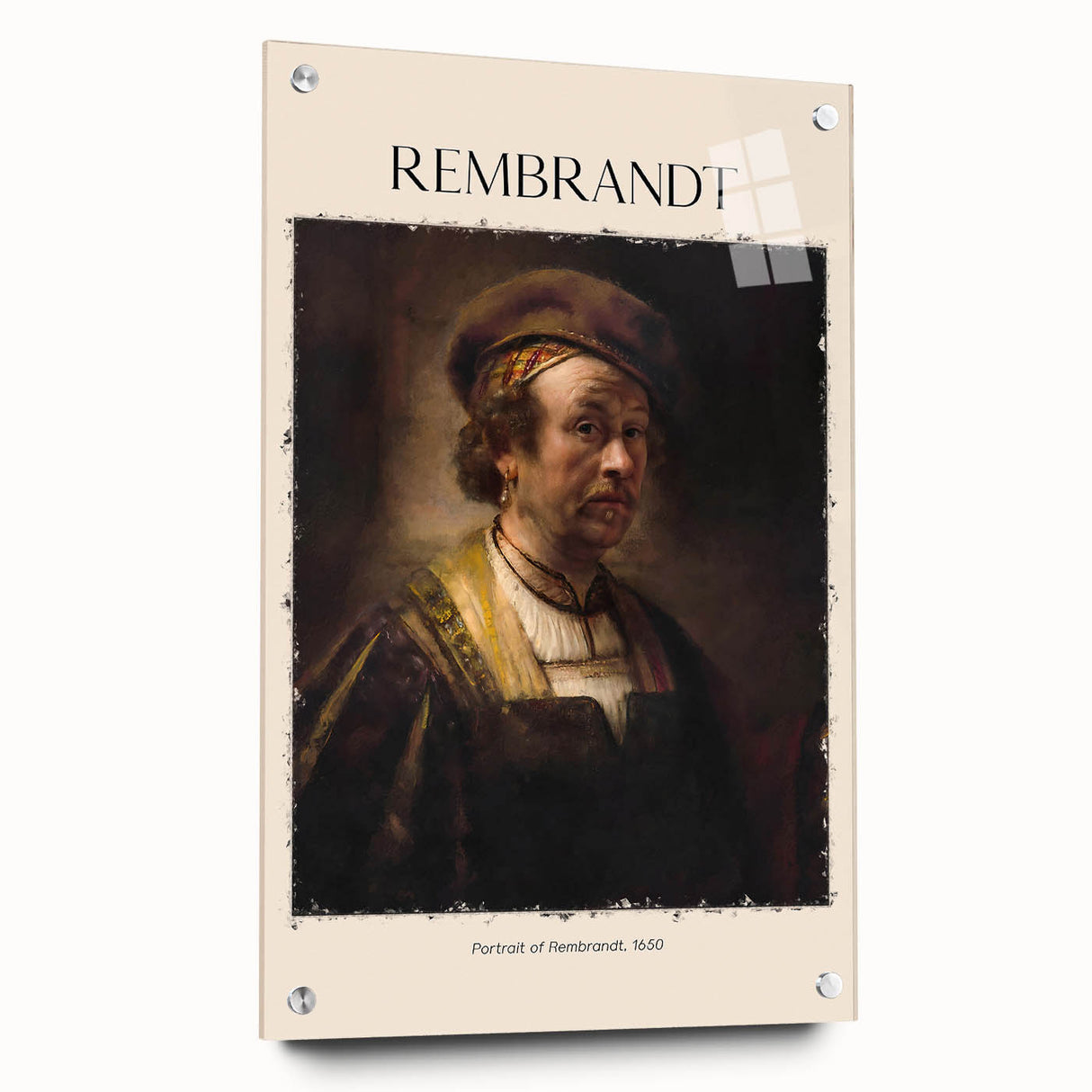 Acrylic print of a Rembrandt-inspired portrait in earth tones, suitable for bedroom or dining room decor.