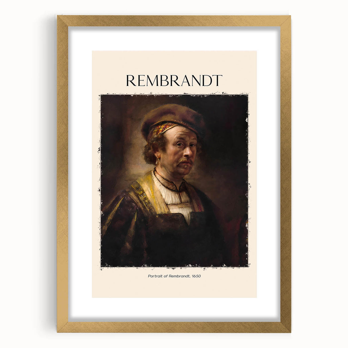 Textured abstract art print of Rembrandt-inspired design in muted gold tones, framed with mat, ideal for bedroom art.
