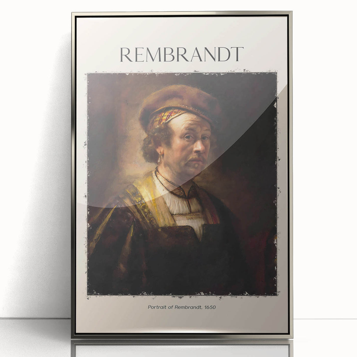 Art deco poster featuring a silver-framed acrylic print of a Rembrandt-inspired design.