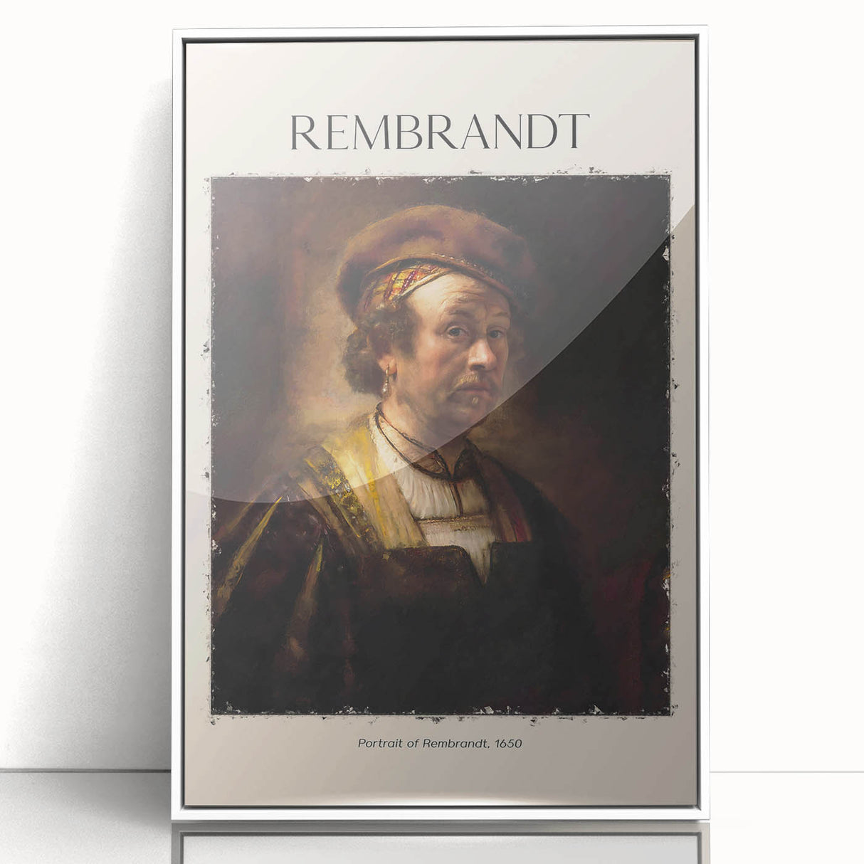Large art print of a Rembrandt-inspired portrait in muted tones, framed in white acrylic.