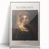 Large art print of a Rembrandt-inspired portrait in muted tones, framed in white acrylic.