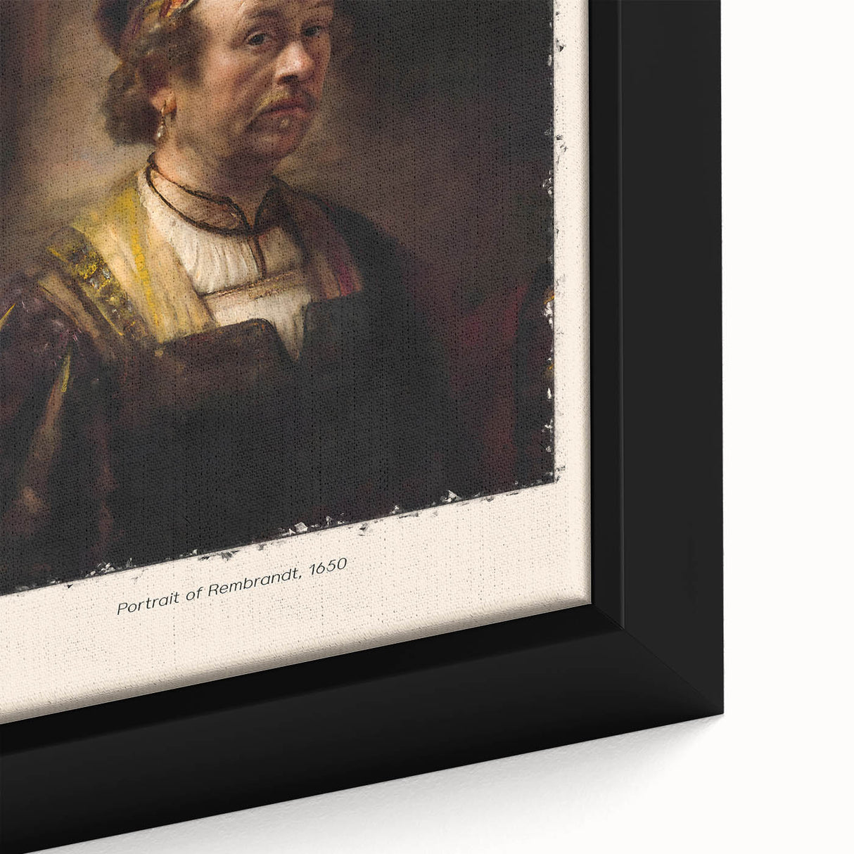 Close-up of a black framed canvas featuring a textured, colorful abstract design.