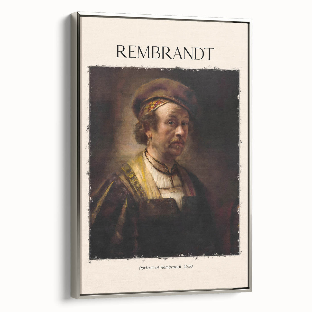 Vintage poster art of Rembrandt design on framed canvas with silver accents, suitable for living room decor.