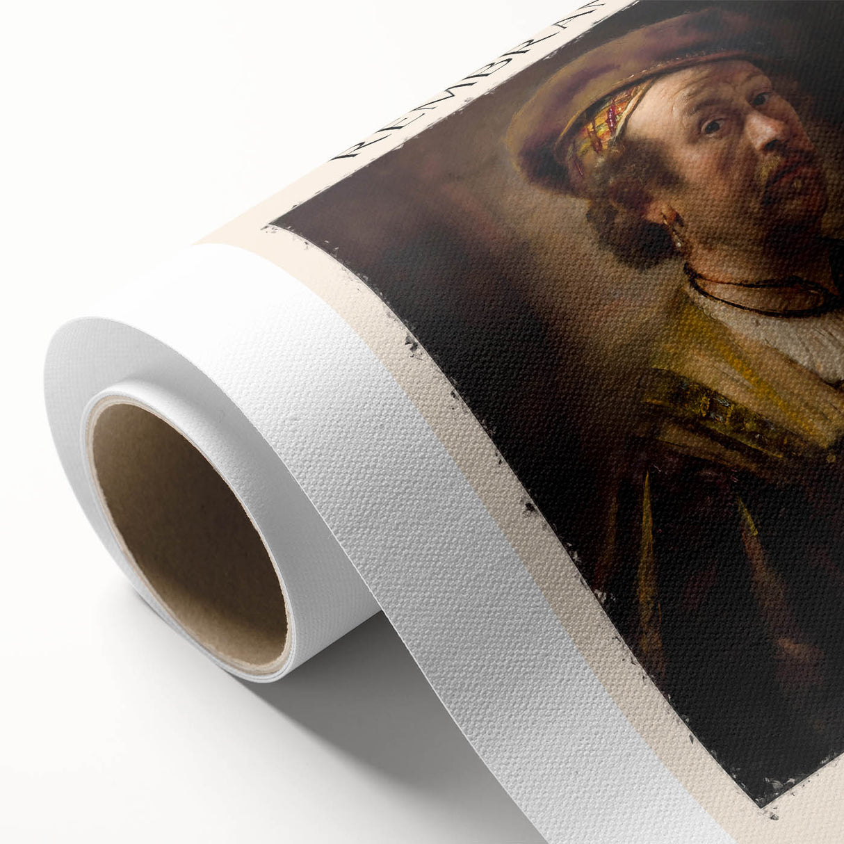 Art Deco poster of a Rembrandt design on rolled canvas, featuring muted earth tones.