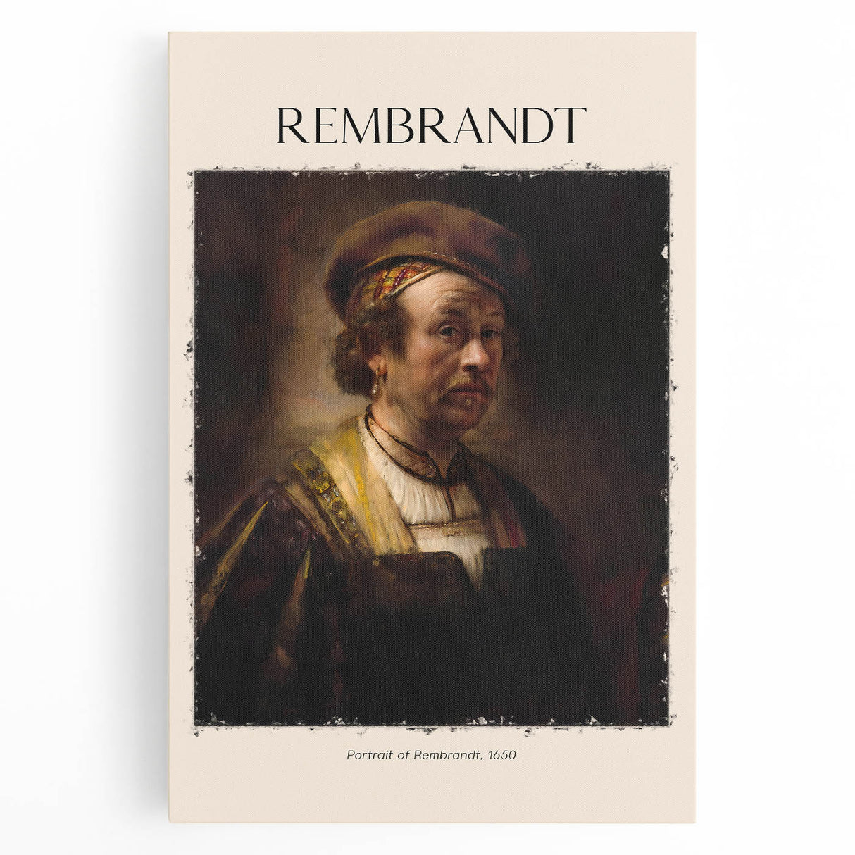 Black and white print of Rembrandt's artwork on large stretched canvas, ideal for kitchen wall art.