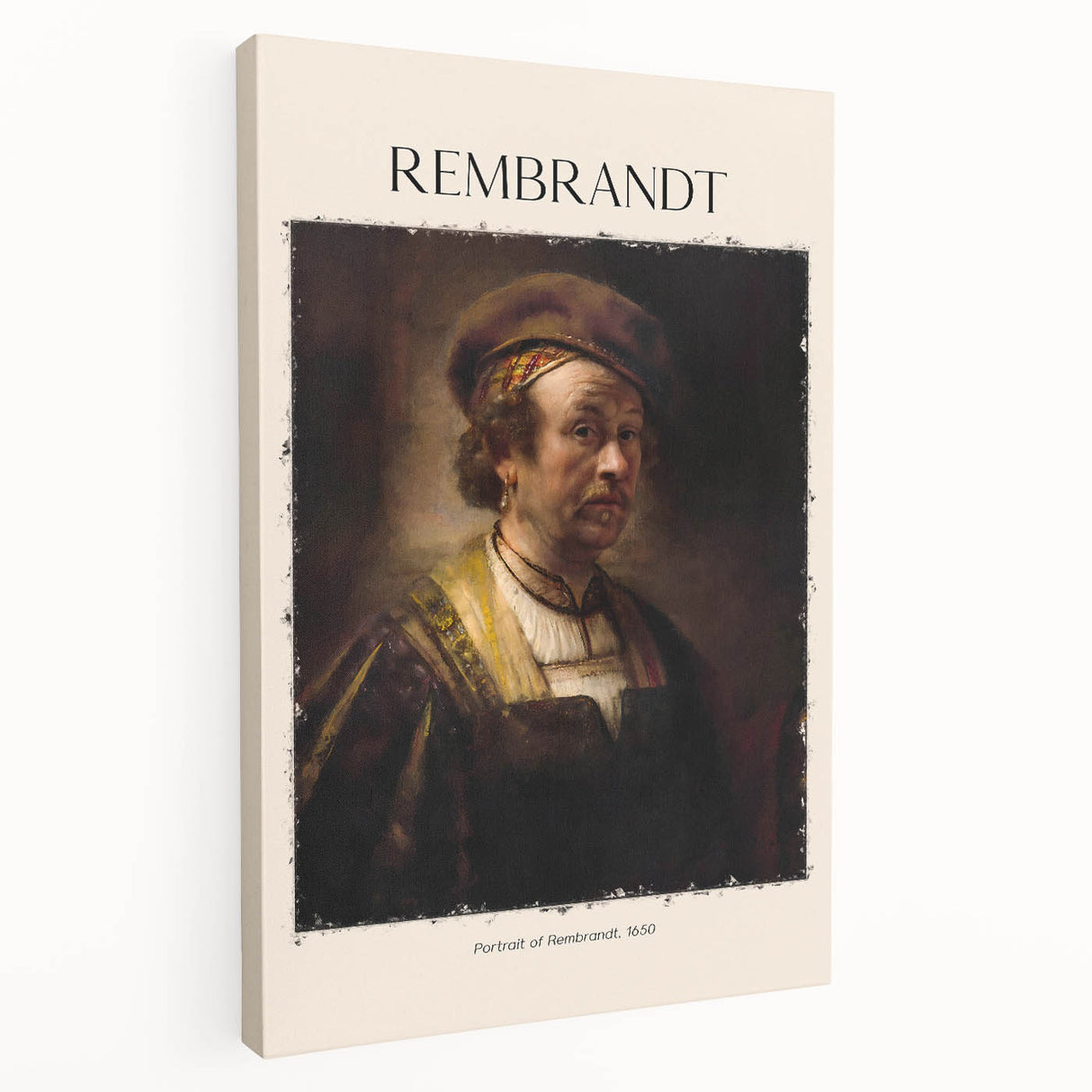 Side view of a stretched canvas featuring a Rembrandt-inspired portrait in earthy brown tones, suitable for kitchen wall art.