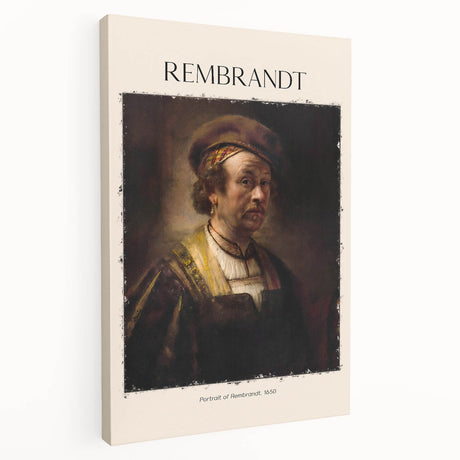Side view of a stretched canvas featuring a Rembrandt-inspired portrait in earthy brown tones, suitable for kitchen wall art.