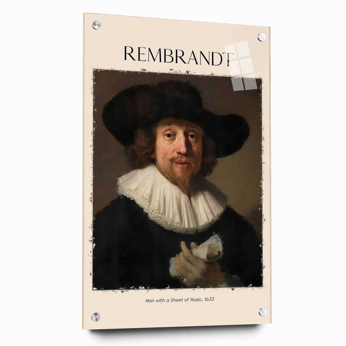 Acrylic print of a Rembrandt-inspired portrait in earth tones, suitable for bedroom or dining room walls.