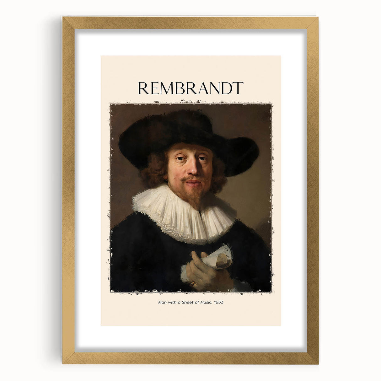Textured abstract art print of early masters, in gold frame with mat, suitable for bedroom ambiance.