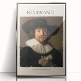 Art deco poster of a Rembrandt-inspired design in muted earth tones, framed in silver acrylic, suitable for nursery wall art.