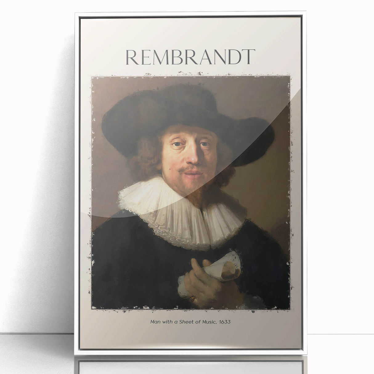 Mid-century modernist art of Rembrandt in muted browns and golds, framed acrylic, ideal for nursery wall art.