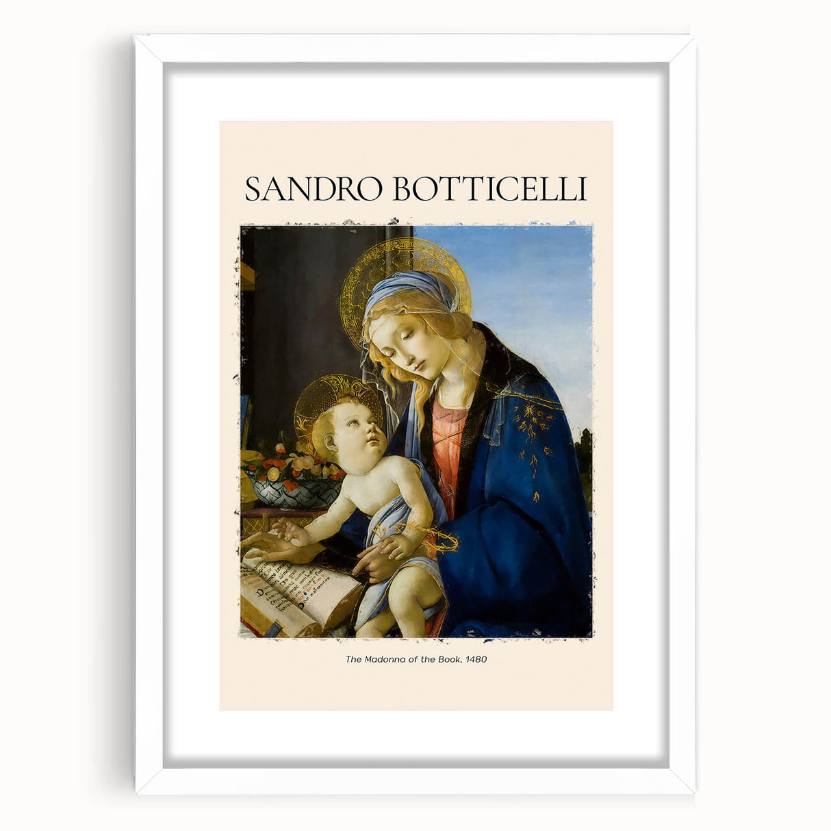 Extra large abstract art print of Sandro Botticelli's design, featuring textured look in muted colors, framed in white.