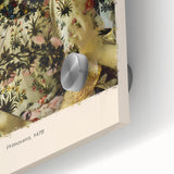Mid-century modernist art print featuring abstract patterns in muted earth tones on acrylic glass.