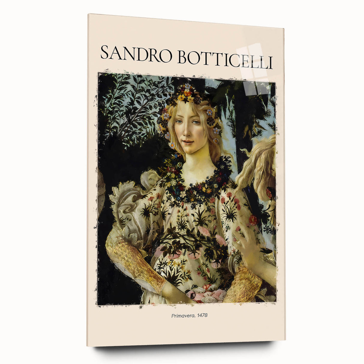 Acrylic print of Sandro Botticelli's artwork featuring Renaissance style figures in soft earth tones.