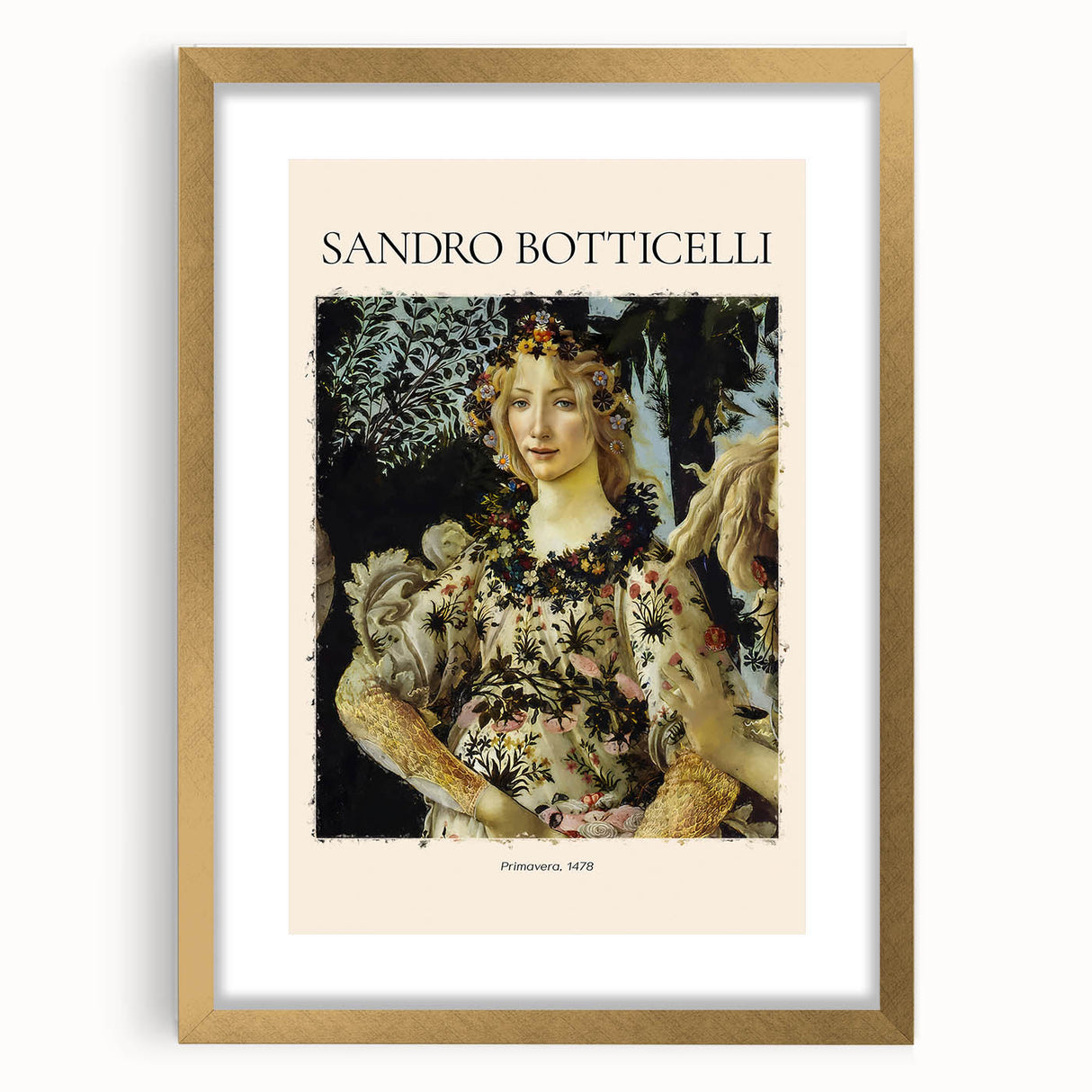 Textured abstract art print of Botticelli's design in a gold frame, ideal for bedroom ambiance.