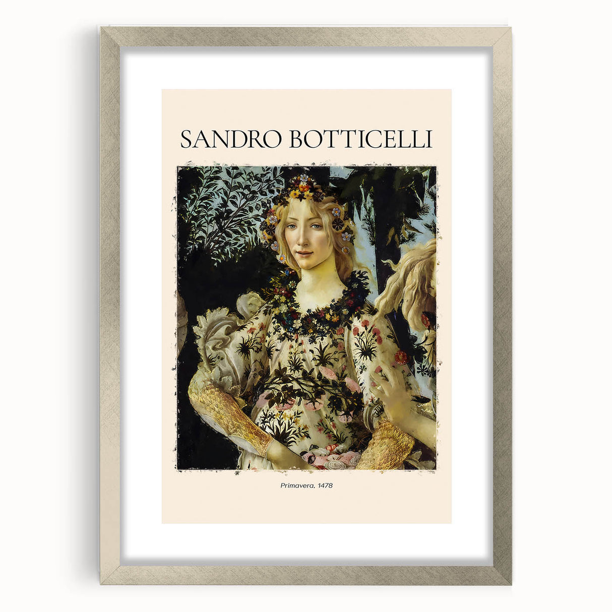 Abstract art print of Sandro Botticelli-inspired design in silver frame with mat, featuring muted earth tones.
