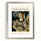 Abstract art print of Sandro Botticelli-inspired design in silver frame with mat, featuring muted earth tones.