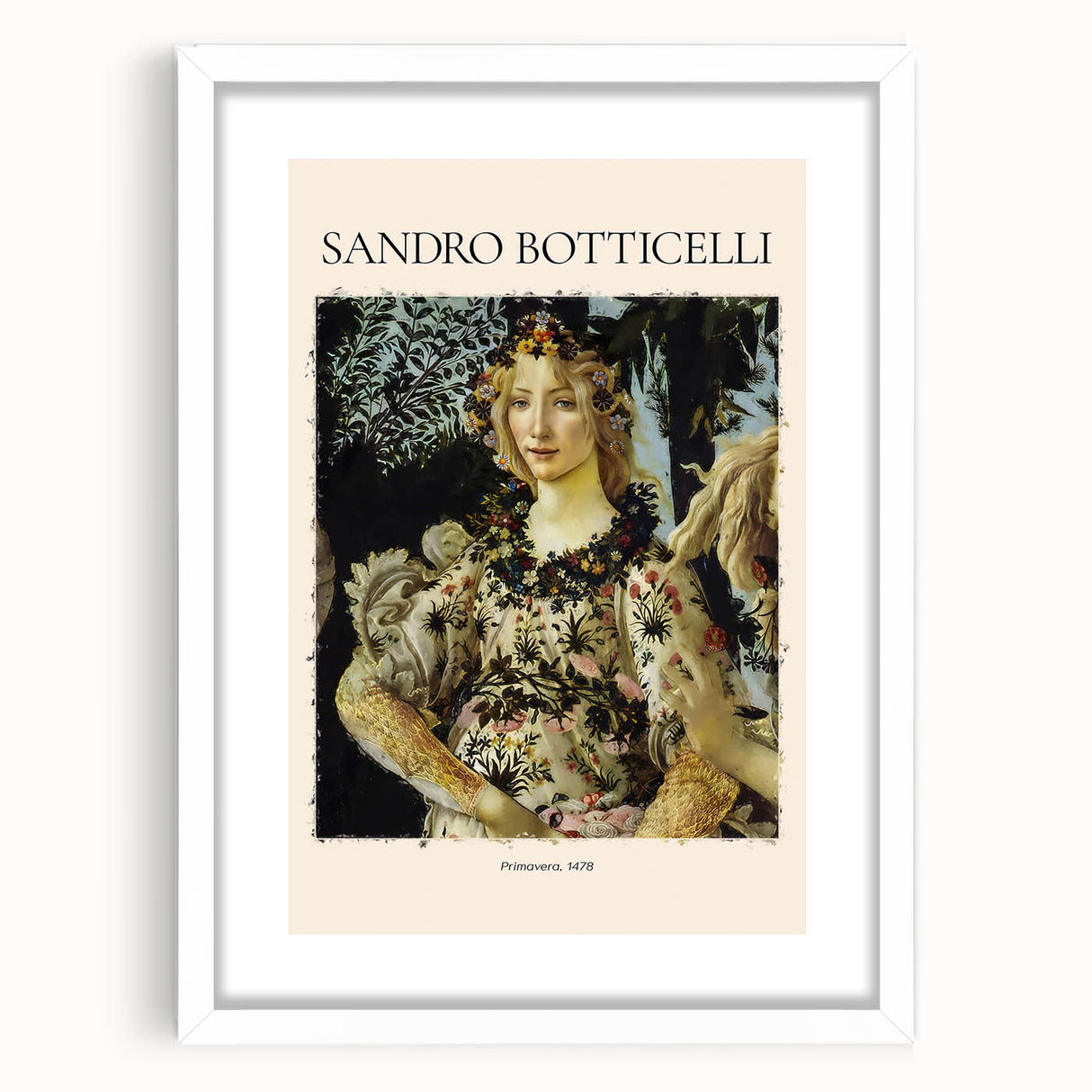 Textured abstract art print depicting a modern interpretation of Sandro Botticelli's style, in a white frame.