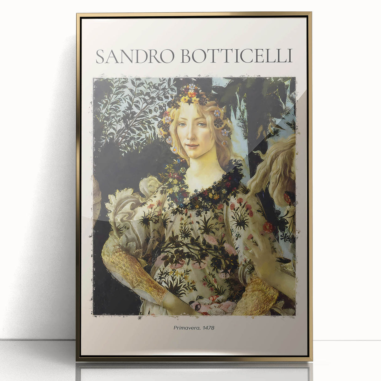 Framed acrylic print of Sandro Botticelli's design in gold, featuring mid-century modernist art.