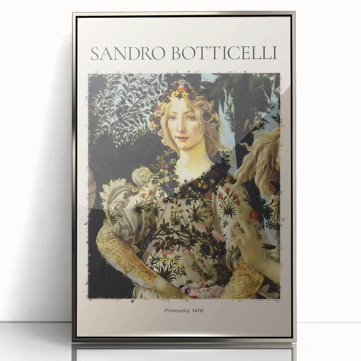 Framed acrylic print of Sandro Botticelli's artwork in art deco style, featuring muted earth tones.