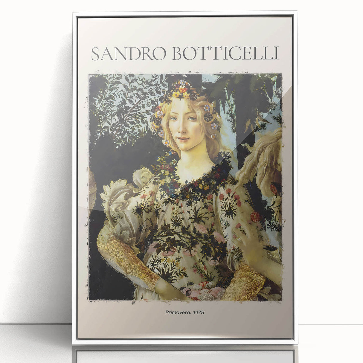 Framed acrylic print of Sandro Botticelli's artwork in mid-century modernist style, featuring pastel shades.
