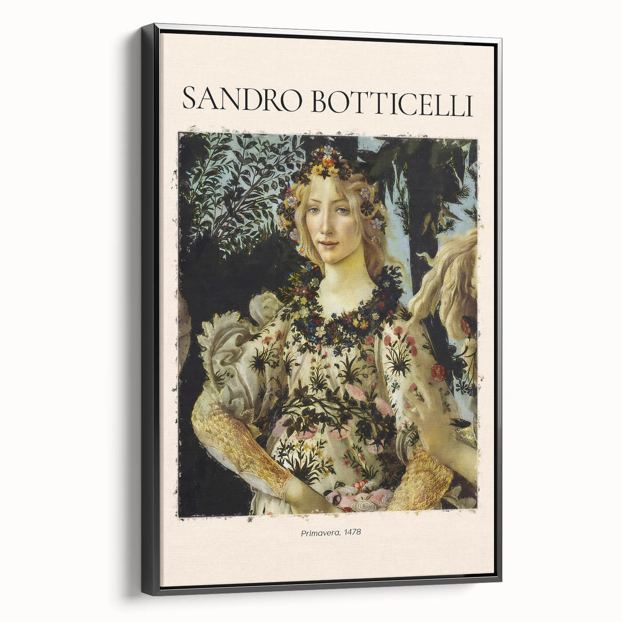 Black and white wall art featuring a vintage poster art style landscape painting on framed canvas.