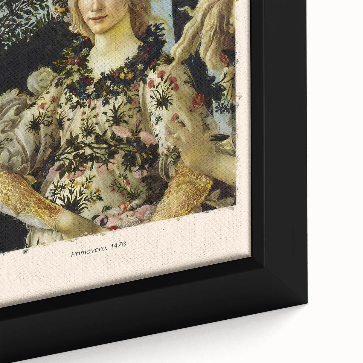 Black wall art featuring a close-up of Sandro Botticelli's design on a framed canvas, with colorful, textured detailing.